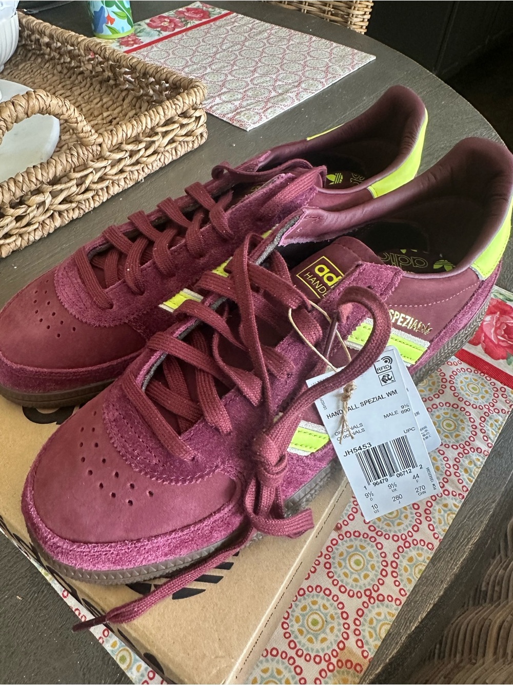 adidas Handball Spezial Suede Sneakers in Burgundy with Neon Yellow Stripes